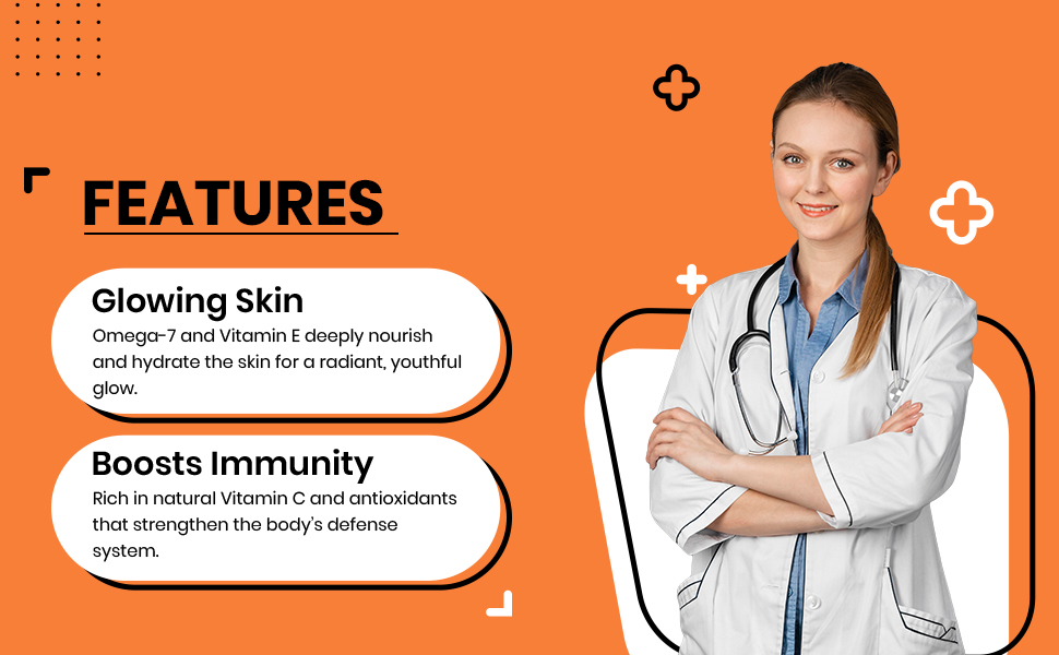 Seabuckthorn Gummies for Immunity & Glowing Skin | Rich in Vitamin C, Omega 3,6,7,9 & Antioxidants | Boosts Immunity, Brightens Skin | Pack of 60 Gummies