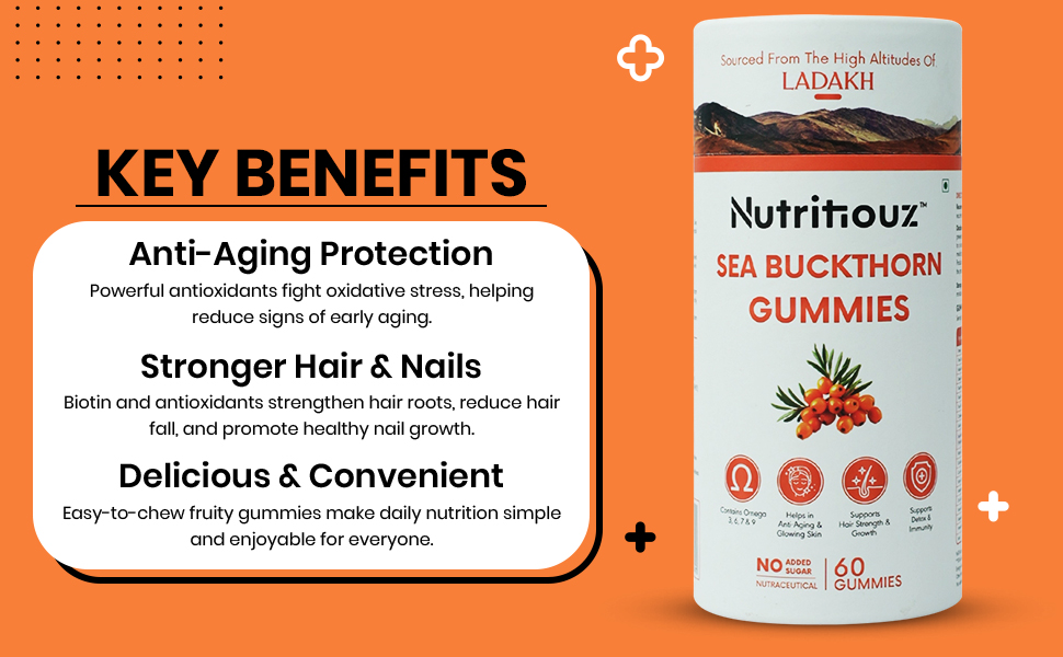 Seabuckthorn Gummies for Immunity & Glowing Skin | Rich in Vitamin C, Omega 3,6,7,9 & Antioxidants | Boosts Immunity, Brightens Skin | Pack of 60 Gummies
