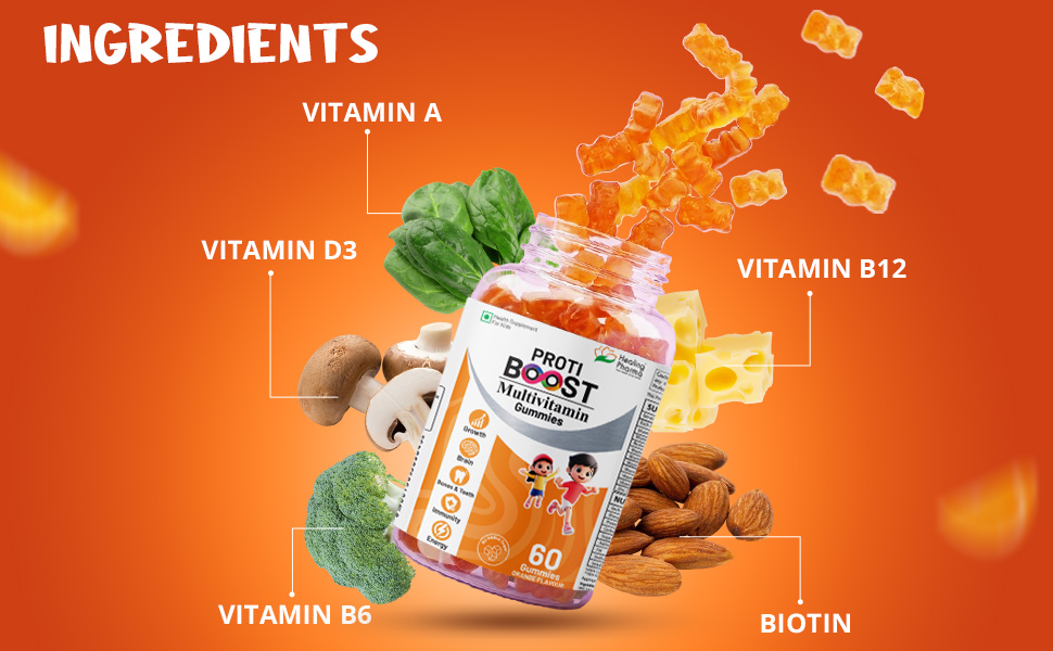 Healing Pharma - Protiboost Multivitamin Gummies for Kids | Daily Supplement for Growth, Immunity, Brain, & Bone Health | No Added Sugar & Gluten Free | Orange Flavour | 60 Gummies