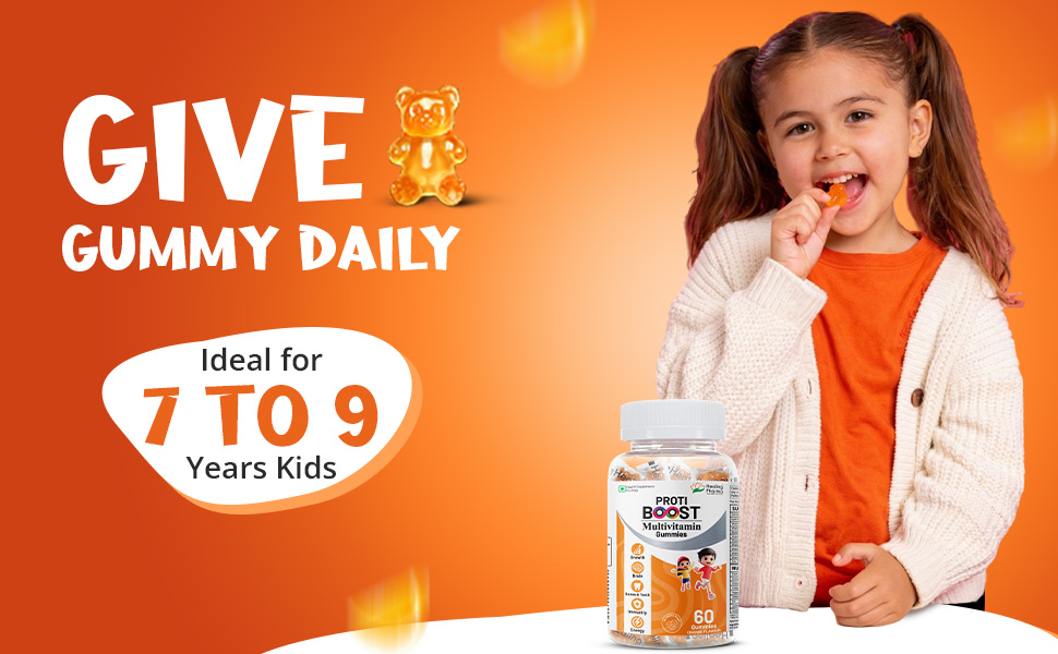 Healing Pharma - Protiboost Multivitamin Gummies for Kids | Daily Supplement for Growth, Immunity, Brain, & Bone Health | No Added Sugar & Gluten Free | Orange Flavour | 60 Gummies