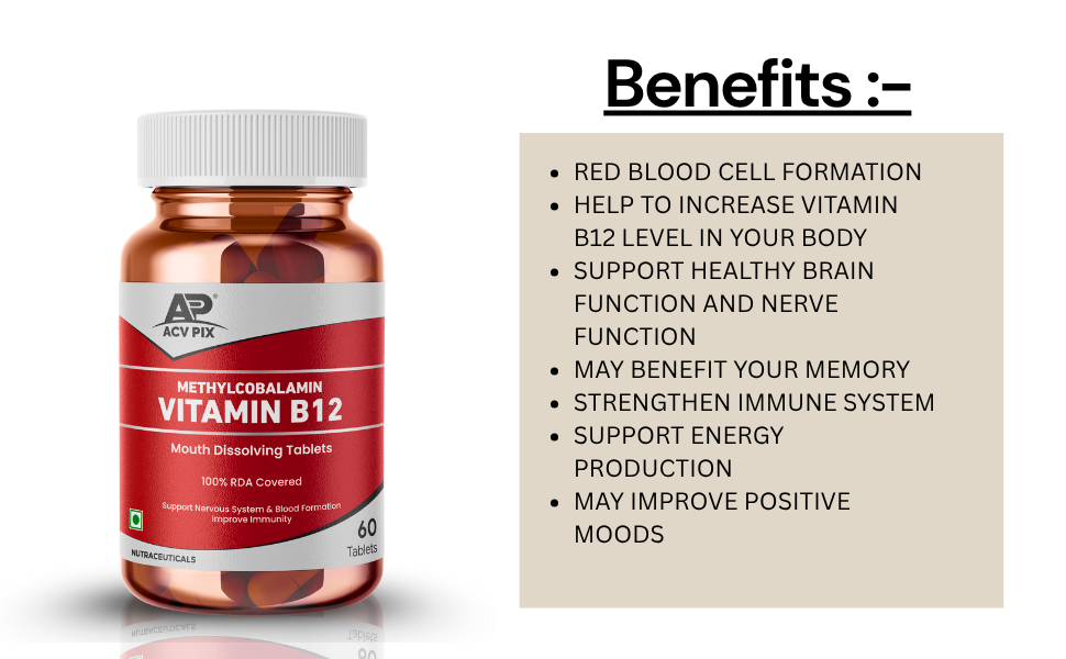 Vitamin B12 Tablets Mango Flavor, Methylcobalamin 60 Tablet for Energy and Nervous System Support for Men and Woman, Daily Use Vitamin B12 Supplements