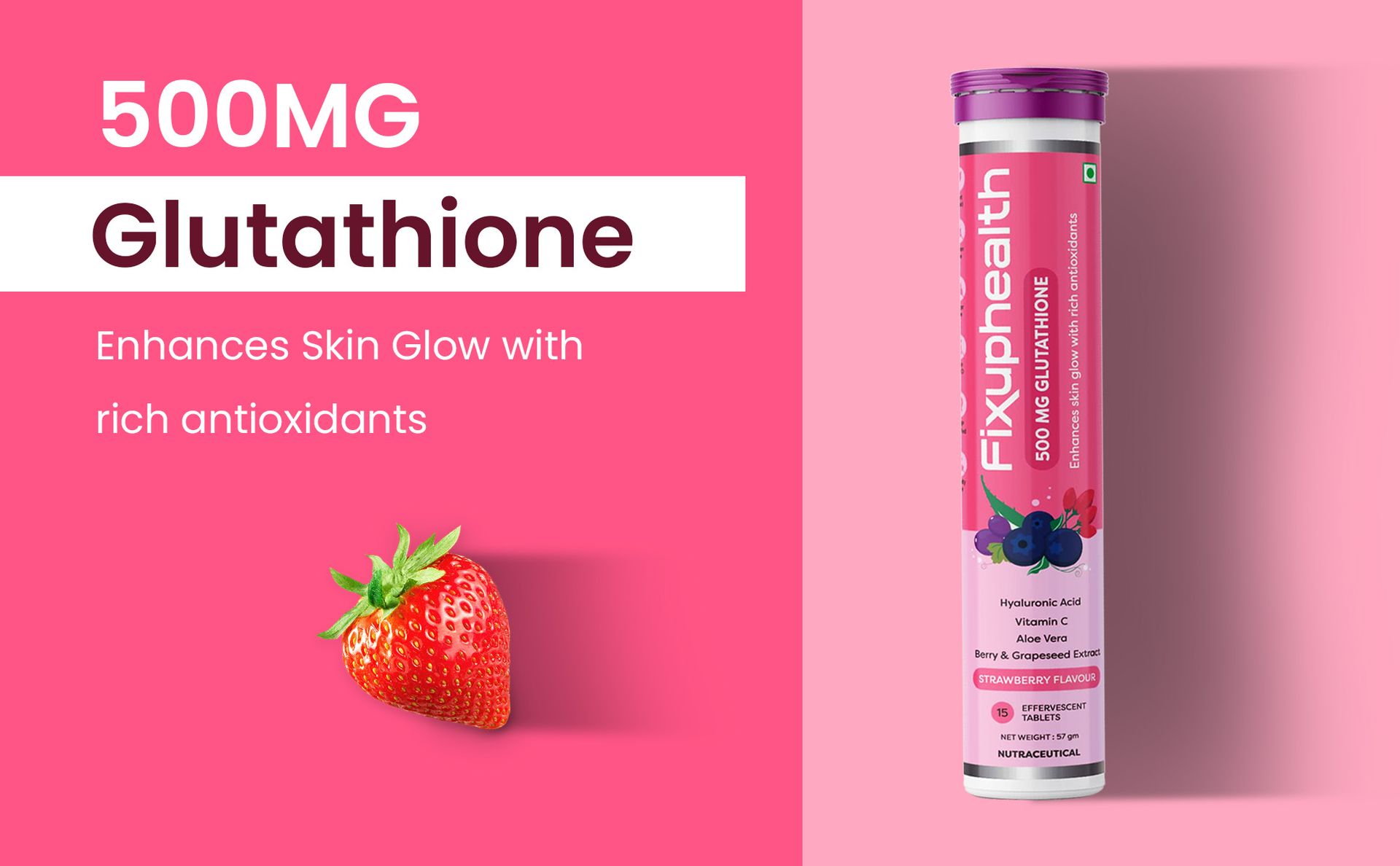 Fixuphealth Glutathione Tablets for Skin Whitening 500mg with Vitamin C & Hyaluronic Acid | L Glutathione Effervescent Tablets for Skin Glow with Grape Seed, Aloe Vera & Berry Extracts | 15 Tablets
