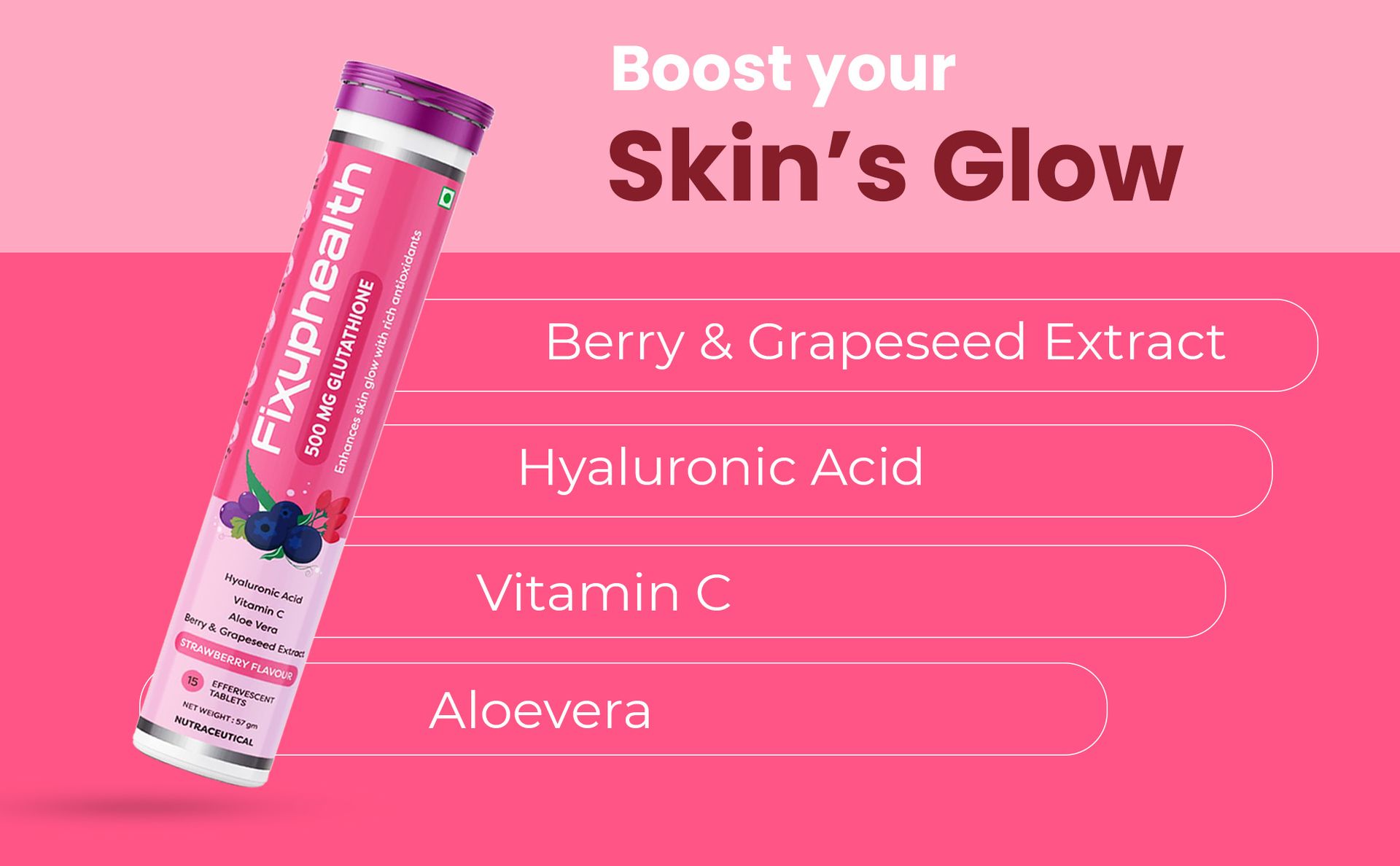 Fixuphealth Glutathione Tablets for Skin Whitening 500mg with Vitamin C & Hyaluronic Acid | L Glutathione Effervescent Tablets for Skin Glow with Grape Seed, Aloe Vera & Berry Extracts | 15 Tablets