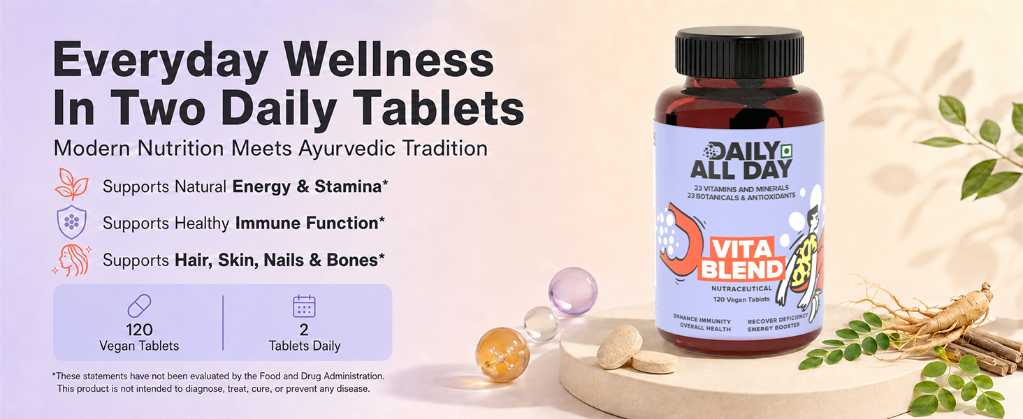 Vita Blend Ayurvedic Multivitamin Tablets, 46-in-1 with Omega 3-6-9, Vitamin B12, D3, K2, Zinc, Iron, Botanicals, Ashwagandha, Brahmi, Tulsi, Giloy, Moringa, Immunity, Energy & Stamina,120 Tablets