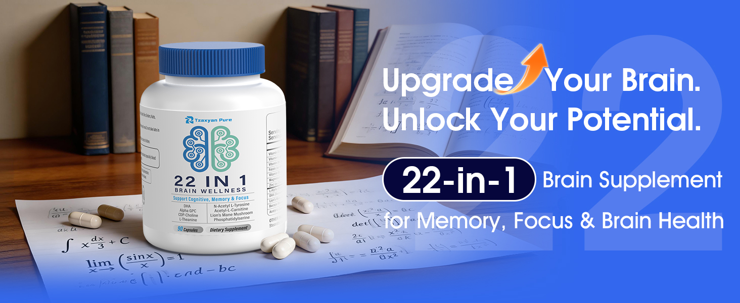 Brain Supplements for Memory and Focus - 22-in-1 Brain Supplement with Alpha GPC, Citicoline, Vitamin B12, Bacopa, Lion’s Mane, DHA - Brain Health for Clarity, Energy & Cognitive Support, 90 Count
