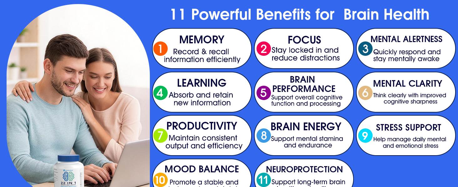 Brain Supplements for Memory and Focus - 22-in-1 Brain Supplement with Alpha GPC, Citicoline, Vitamin B12, Bacopa, Lion’s Mane, DHA - Brain Health for Clarity, Energy & Cognitive Support, 90 Count