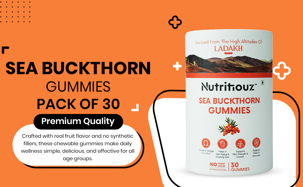 Seabuckthorn Gummies for Immunity & Glowing Skin | Rich in Vitamin C, Omega 3,6,7,9 & Antioxidants | Boosts Immunity, Brightens Skin | Pack of 30 Gummies
