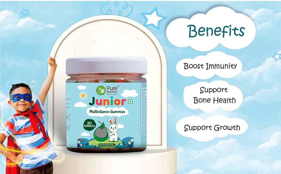 Pure Nutrition Multivitamin Kids Gummies (60 Veg Gummies) with Free Toy | Ashwagandha, Vitamin B & Lysine | Supports Child's Immunity, Bone Health, Memory & Overall Growth | Strawberry Flavour