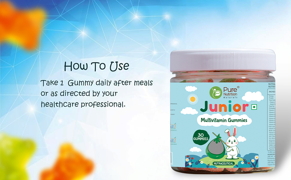 Pure Nutrition Multivitamin Kids Gummies (60 Veg Gummies) with Free Toy | Ashwagandha, Vitamin B & Lysine | Supports Child's Immunity, Bone Health, Memory & Overall Growth | Strawberry Flavour