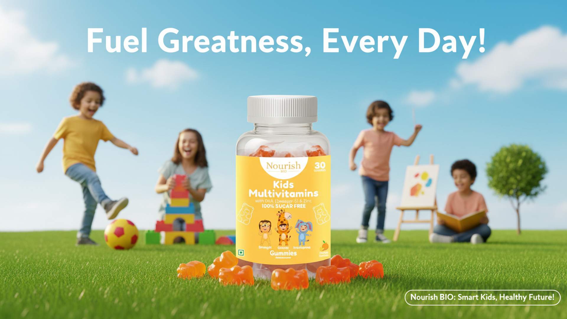 Nourish BIO Kids Multivitamin (Sugar-Free) Gummies with Calcium, Vitamin D3, A, B6, B12, C, E, Folic Acid, Biotin DHA & Zinc, for growth & development Supports Immunity, Energy, and Bone Health (2, 30 Gummies Per Pack)