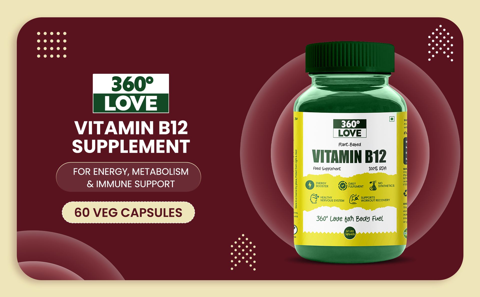 Plant-Based Vitamin B12 Supplement | Natural Superfood Blend with Spirulina, Wheatgrass, Barley Grass, Moringa & Beetroot | for Energy, Metabolism & Immune Support | 60 Capsules