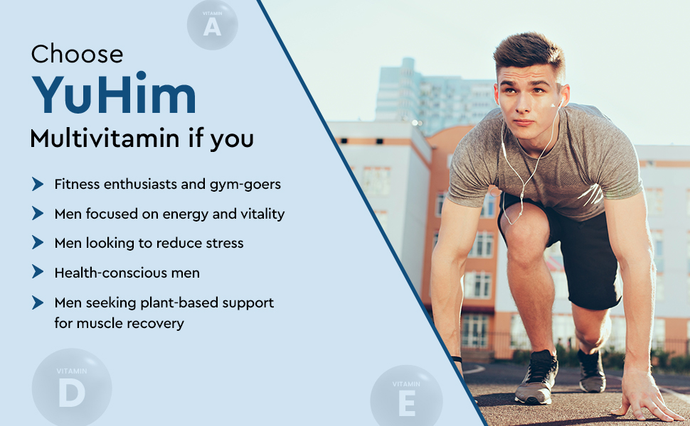 Yugap YuHim Multivitamin Tablet for Men | With 28 Super Nutrients including Vitamins A, B1, B2, B3, B6, B12, C, D2, E & K along with Bacopa, Milk thistle, Grape Seed, Zinc, Magnesium, Calcium, Iron & more for Energy, Immunity, Muscles and Overall Health | Veg 60 tablets