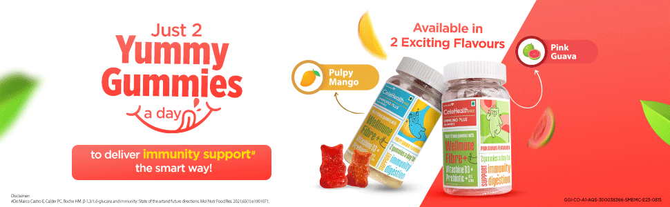 Dr. Reddy's CeleHealth Kidz Immuno Plus Multivitamin Gummies with Wellmune, Vitamin C & Zinc for Kids (4 - 12 Years) | Supports Immunity and Digestion | Pulpy Mango Flavour | 30 Gummies - Pack of 3 | 100% Vegetarian