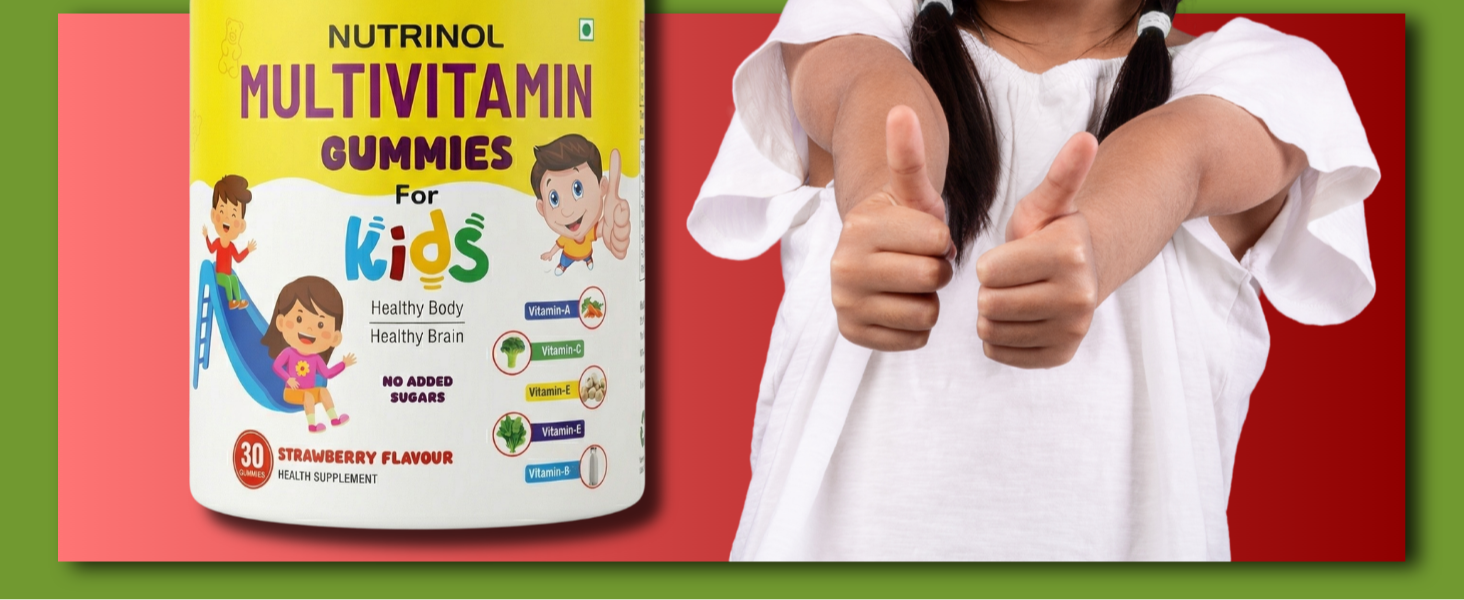 Knoll Healthcare Nutrinol Multivitamin Gummies | 7-12 Years |With 9 Vitamins & Minerals | 30 Day pack | Improves Immunity, Bone health & Antibody Production | No Added Sugar | Strawberry Flavour