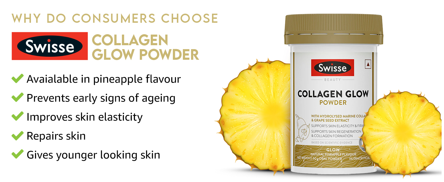 Swisse Collagen Glow - Hydrolysed Marine Collagen Powder (Type I and III) with Grape Seed for Enhanced Skin Elasticity and Firmness - Australia’s No.1 Beauty Nutrition Brand (30 Servings)