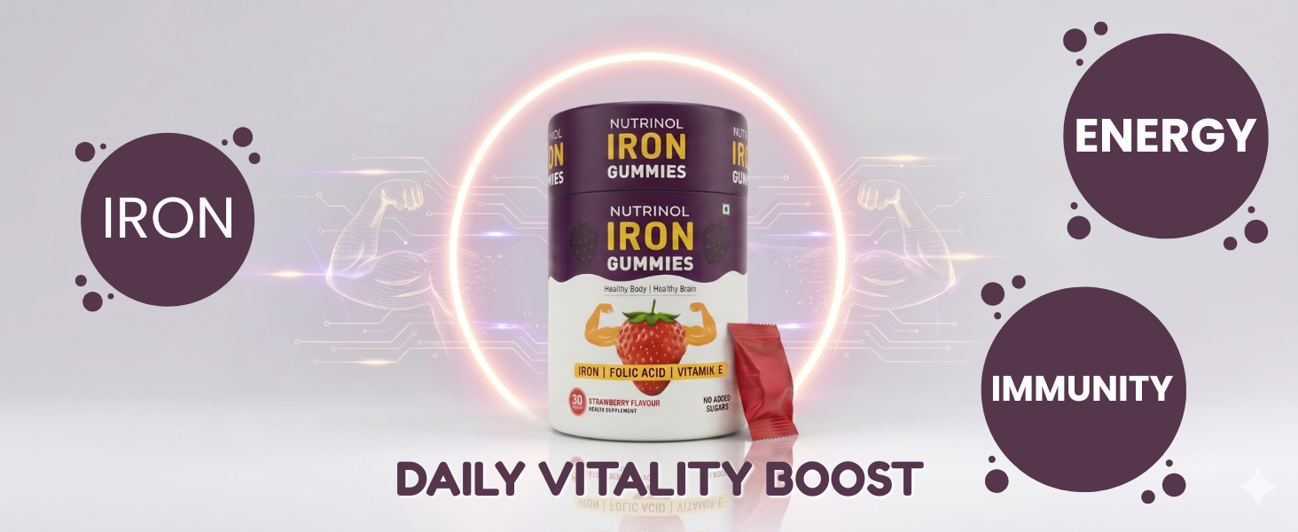 Knoll Healthcare Nutrinol Iron Gummies With Folic Acid & Vitamin E | Strawberry Flavour | No Sugar Added | 30 Gummies | Supports Hemoglobin, Energy & Immunity (Pack Of 2)