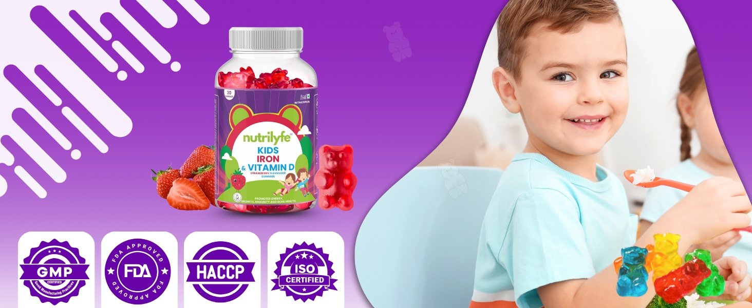 Iron & Vitamin D Gummies for Kids | Promotes Energy, Growth, Immunity & Bone Health | Improves Haemoglobin as it Contains Multivitamins | Bear Shaped 30 Gummies-Strawberry Flavored Gummy