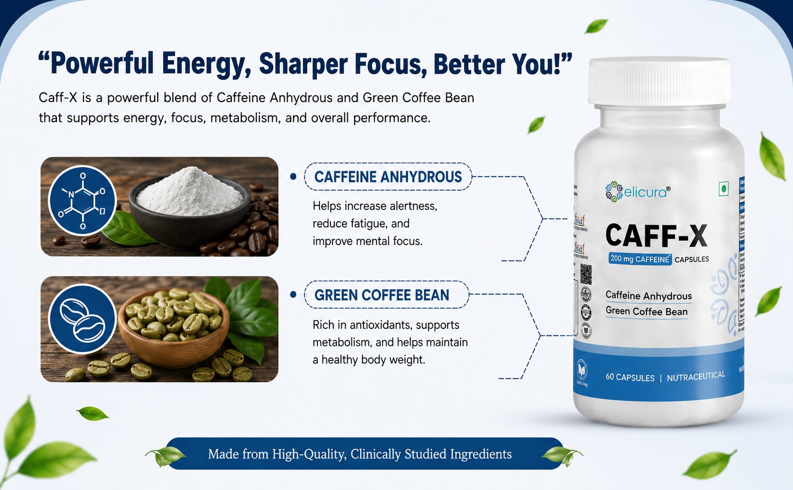 Caff-X Energy Boost Capsules | 200mg Caffeine for Focus, Mental Alertness & Performance | Green Coffee Bean Extract for Metabolism & Fat Burning | Supports Physical Endurance & Weight Management - 60 Veg Capsules (Pack of 2)
