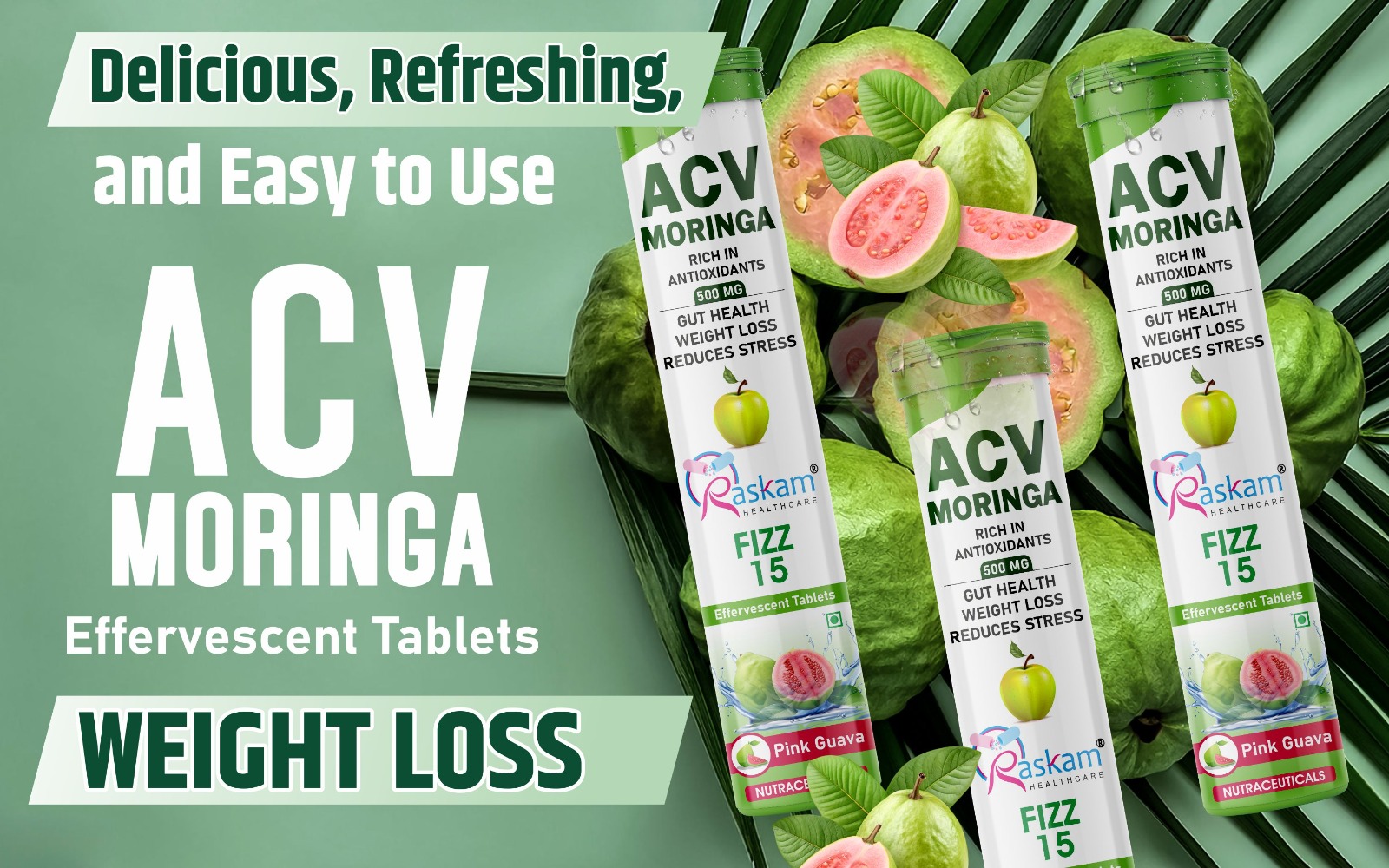 Apple Cider Vinegar Moringa Fizz Tablets 500mg – Pink Guava Flavor, Natural Energy & Appetite Support – 15 Effervescent Tabs (Pack of 5)