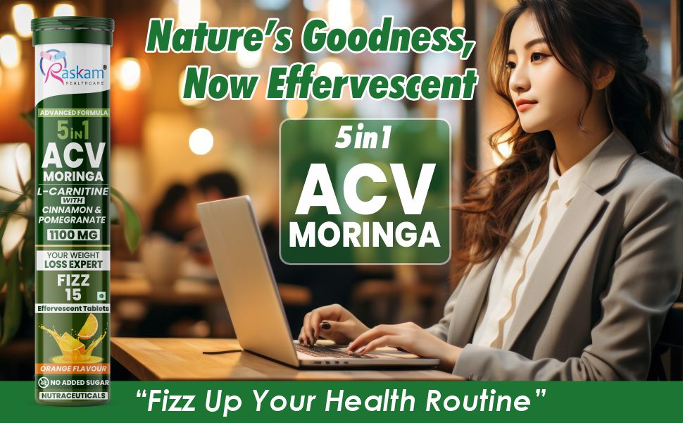 ACV Moringa 5 in 1 formula Effervescent Tablets | 15 Tablets, Pack Of 6 | With L-Carnitine Pomegranate & Cinnamon | Supports Fat Burn | Weight Loss Drink for Women, Men
