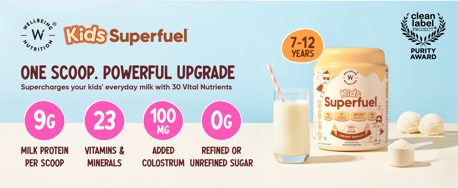Wellbeing Nutrition Kids Superfuel 7+years |Zero Added Sugar |9g Milk Protein Isolate, 23 Vitamins & Minerals, 100mg DHA, 3g Fiber, Probiotics |Height Growth, Immunity & Brain| Vanilla, Nutrition Drink Powder, 400g