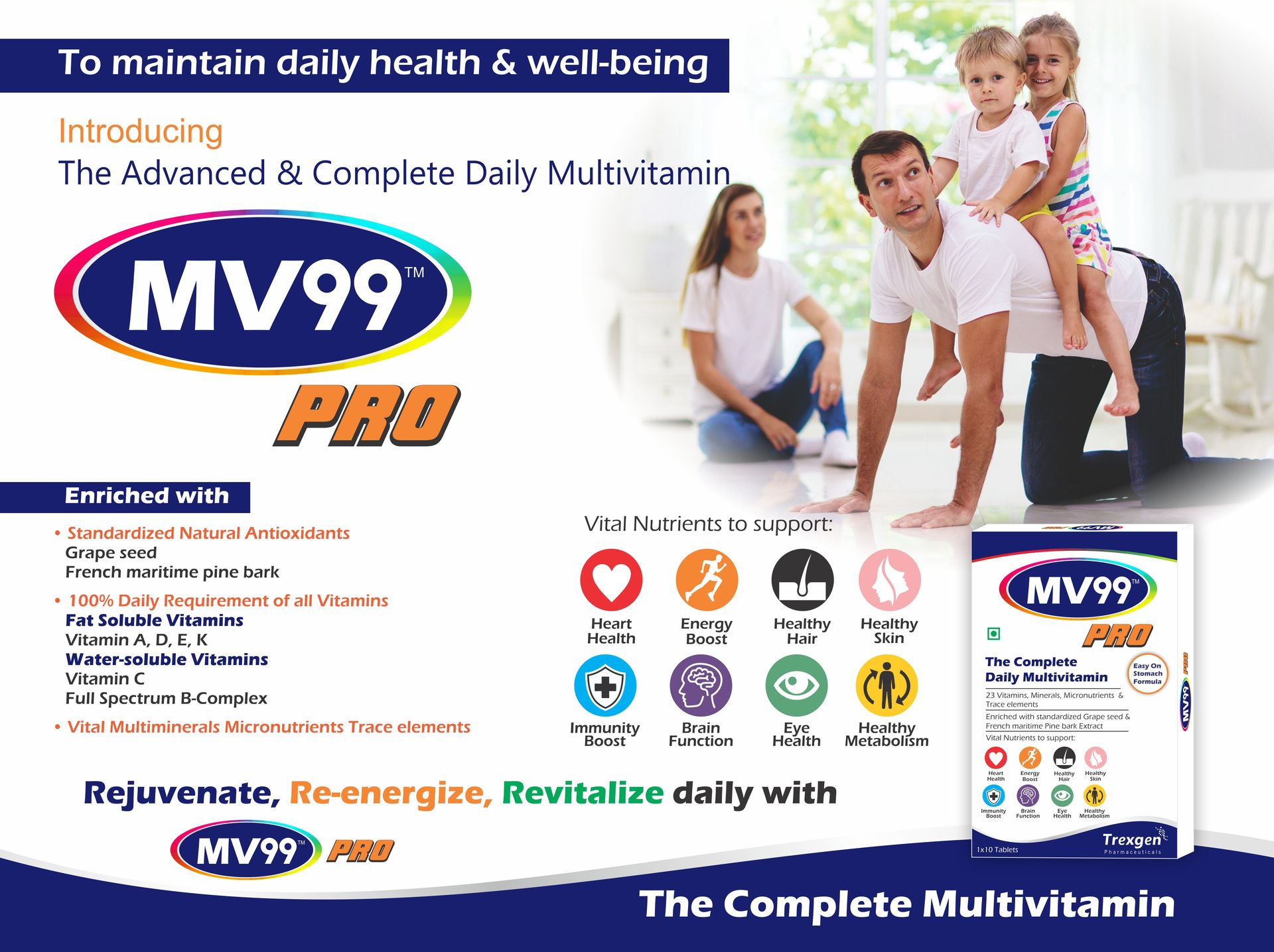 Trexgen® MV99™-PRO The Complete Daily Multivitamin with A,D,E,K,B-Complex, C, Multiminerals Micronutrients & Trace elements with Grape Seed & Pomegranate extract (3x10 = 30 Tabs)