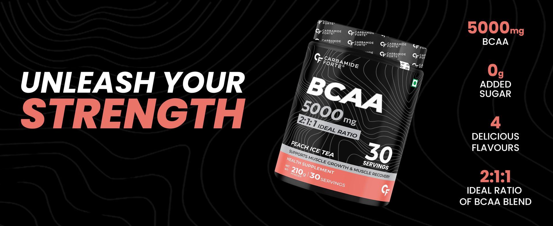 Carbamide Forte BCAA Powders 5000mg | BCAA Supplements For Men & Women | Pre Workout For Men & Women Intra Workout Supplement 7g Serving With Ideal 2:1:1 Ratio | Peach Ice Tea Flavor - 210g