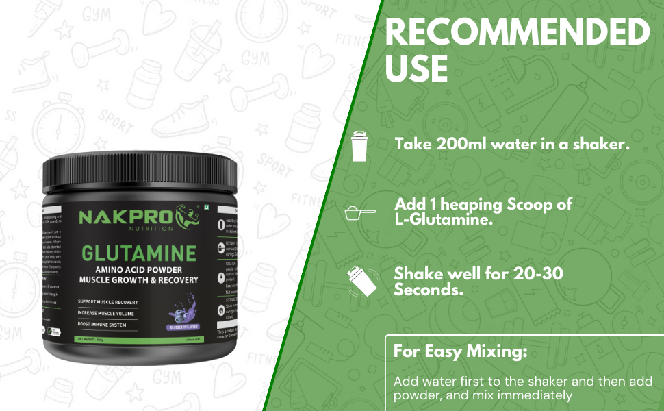 Nakpro L-Glutamine Powder - JAR | 4g Glutamine Per Serving, 50 Servings | Post Workout Amino Acid Protein Supplement for Muscle Growth and Recovery (Blueberry, 250g)