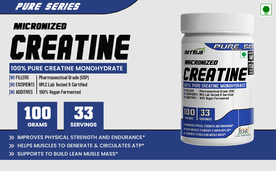 NutriJa Pure Micronized Creatine Monohydrate Powder- 100grams | Pre/Post Workout Supplement for Muscle Repair & Recovery