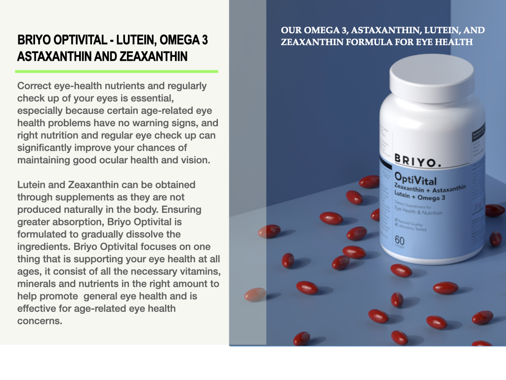 Briyo OptiVital Eye Health Supplement – Lutein, Zeaxanthin, Astaxanthin & Omega-3 from Natural Sources – Supports Vision, Retinal Health & Eye Strain Relief – 60 Capsules