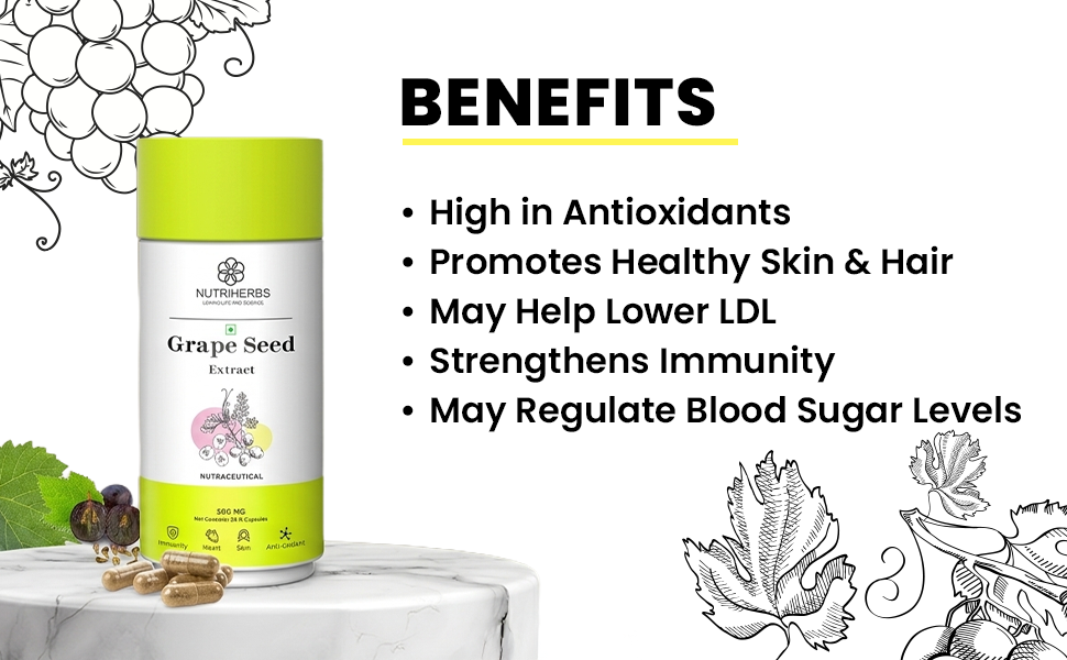 NUTRIHERBS Grape Seed Extract Capsules 500mg - Potent Antioxidant Supplement for Skin & Hair Health, Anti-Aging Support, and Immune Boost - 90 Vegan Capsules