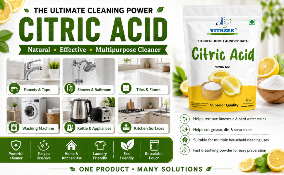 VITSZEE Citric acid 400gm | Nimbu Fool Multiple Purpose Uses For Home and Kitchen, Laundry bath