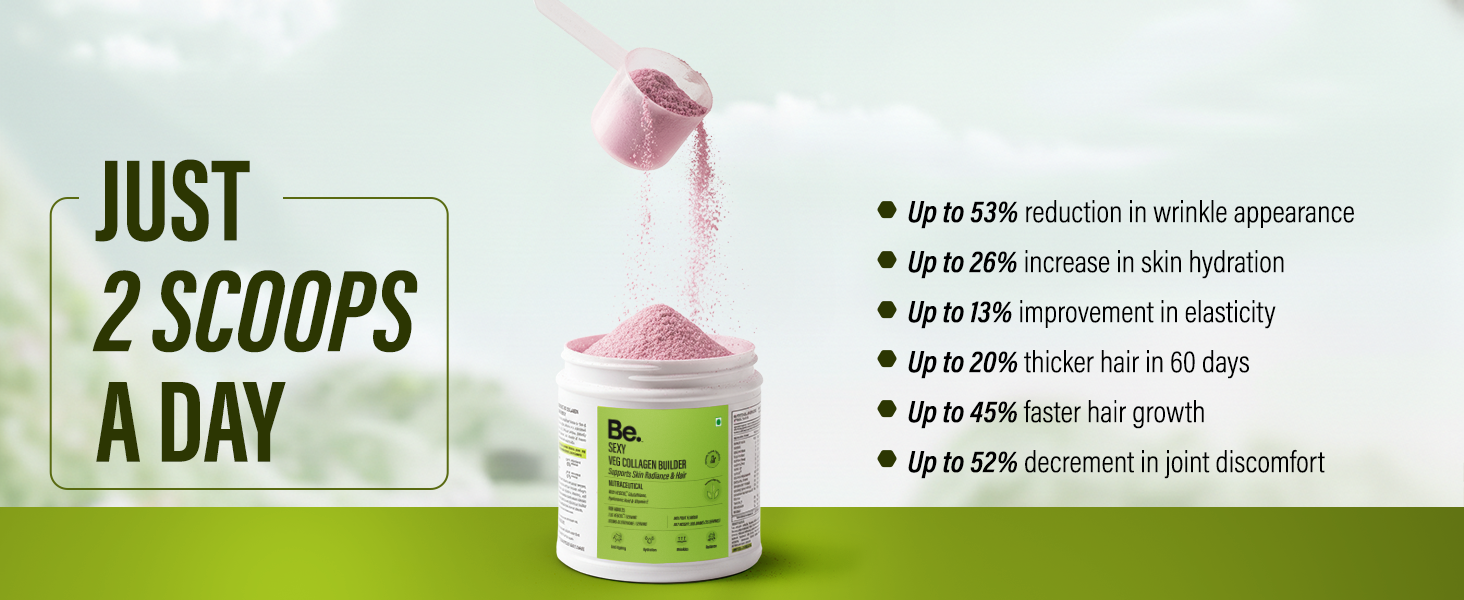 Be. Veg Collagen Powder for Women & Men | Plant-Based Vegan Supplement with VegCol Peptides, Glutathione, Hyaluronic Acid & Vitamin E | Collagen Builder for Skin Glow, Hydration, Hair & Nail Health | Mix-Fruit Flavour | 300 g