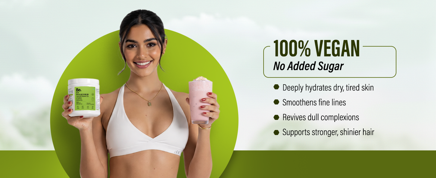 Be. Veg Collagen Powder for Women & Men | Plant-Based Vegan Supplement with VegCol Peptides, Glutathione, Hyaluronic Acid & Vitamin E | Collagen Builder for Skin Glow, Hydration, Hair & Nail Health | Mix-Fruit Flavour | 300 g