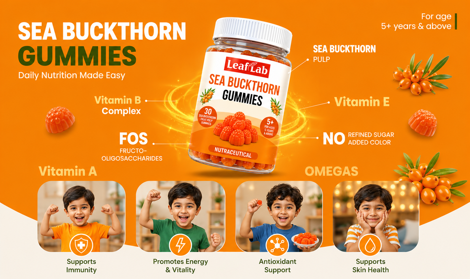 Sea Buckthorn Gummies for Kids & Adults –Real Fruit Pulp with Vitamin C, Zinc & Omega 3,6,7,9 | Immunity, Skin, Hair & Gut Health Support | WHO-GMP | 30 Gummies