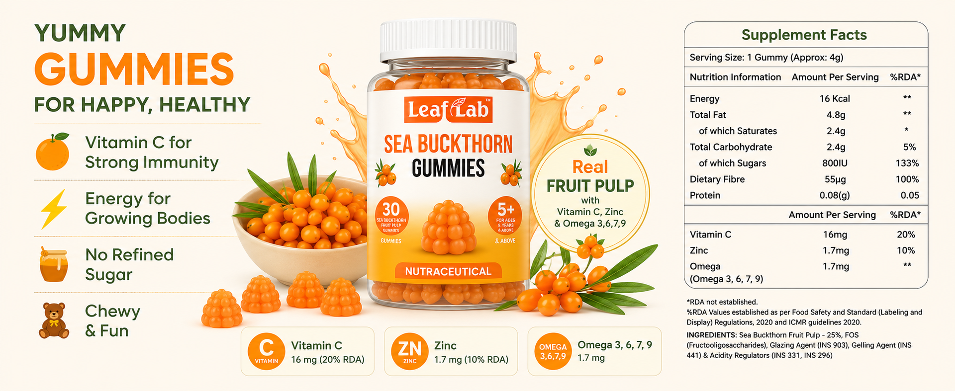 Sea Buckthorn Gummies for Kids & Adults –Real Fruit Pulp with Vitamin C, Zinc & Omega 3,6,7,9 | Immunity, Skin, Hair & Gut Health Support | WHO-GMP | 30 Gummies