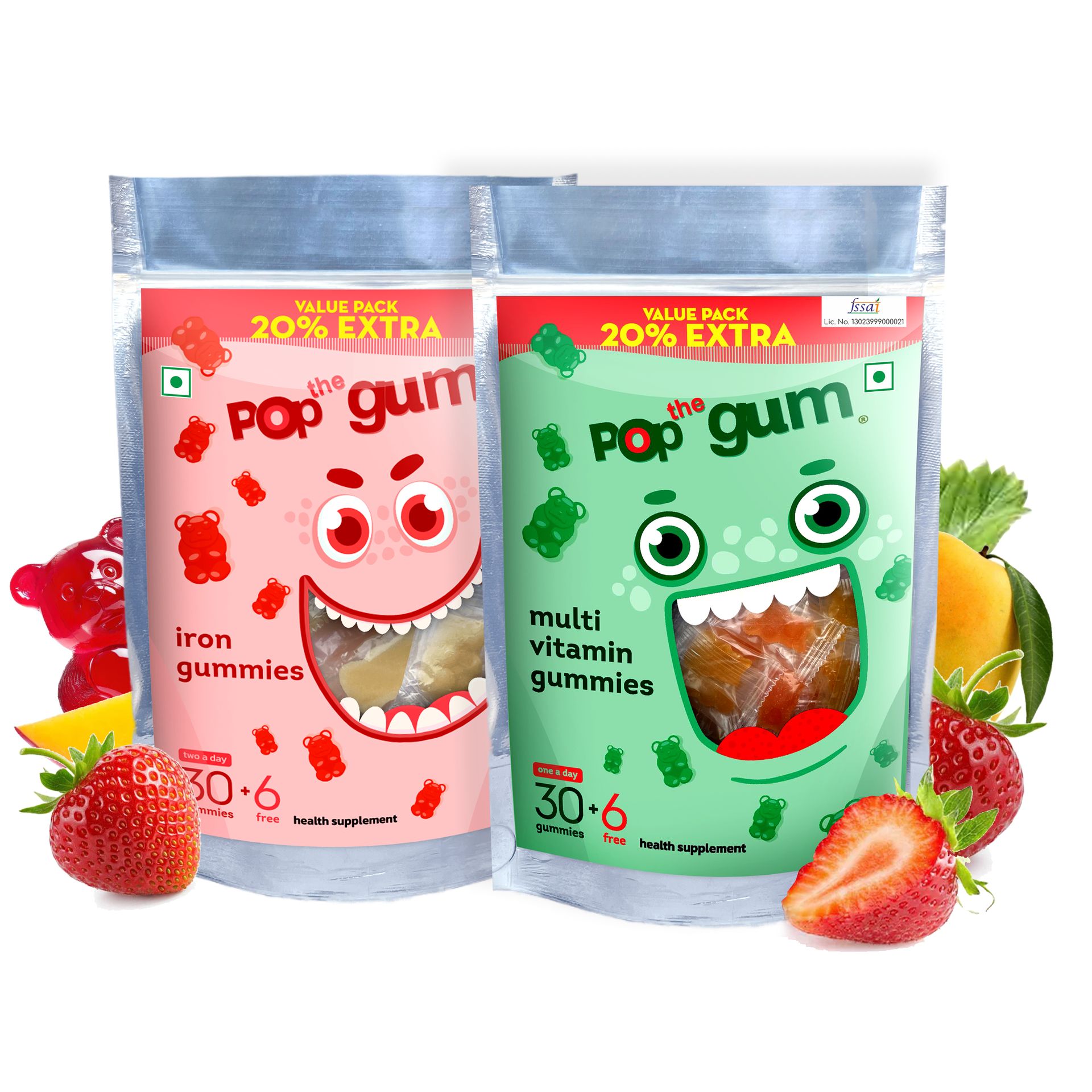 The Pop Gum Daily Immunity & Energy Multivitamin Gummies for Kids & Adults | Fortified with Vitamin C, D3, B12, Zinc & Folate | 100% Vegetarian, Gluten & Allergen Free | 30+6 Gummies