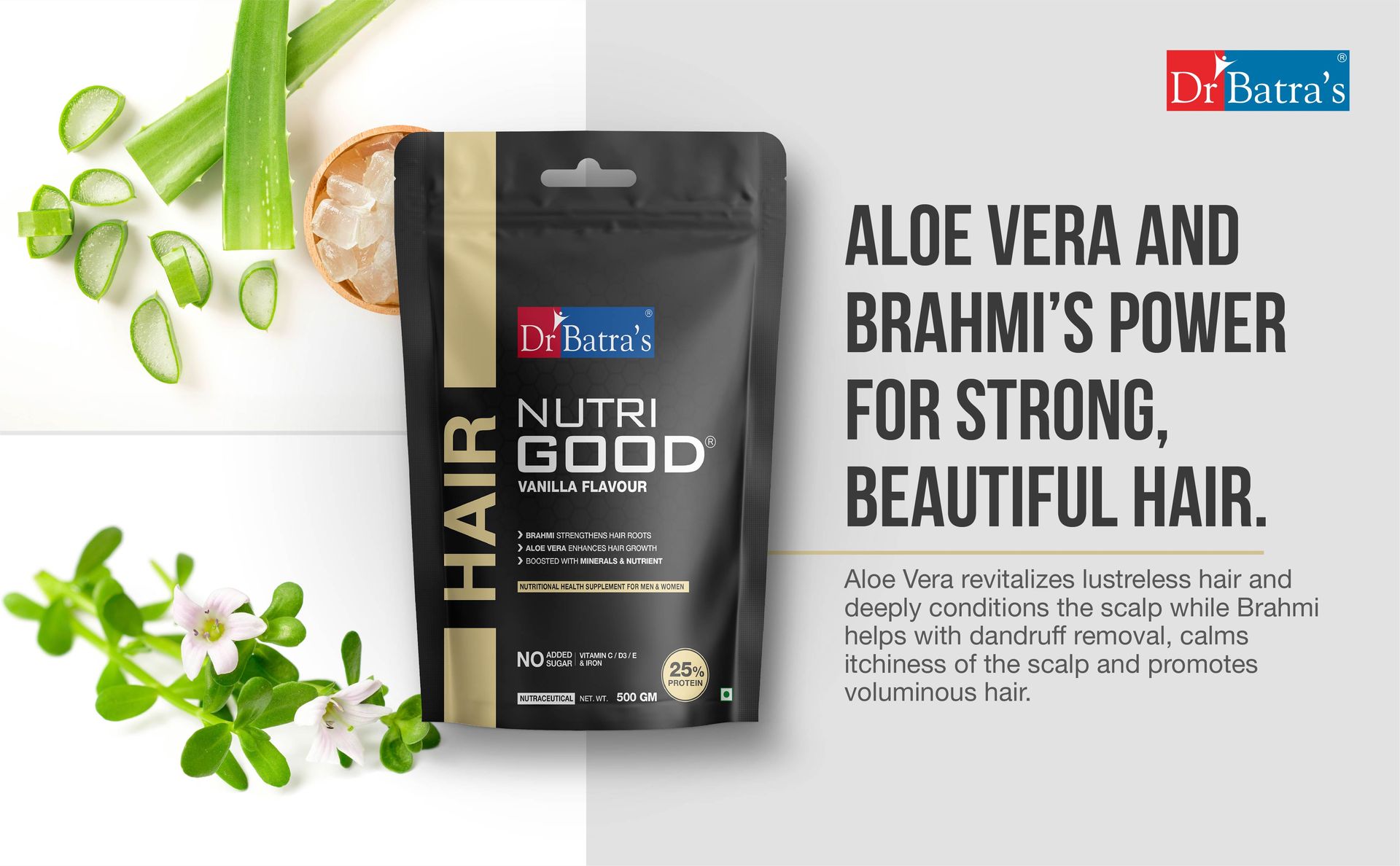 Dr Batra’s Nutrigood Hair Protein Powder 500g Vanilla with Brahmi, Biotin, Collagen & Keratin | Supplement for Hair Fall Control, Hair Growth, Stronger Thicker Hair & Scalp Nourishment | For Men & Women
