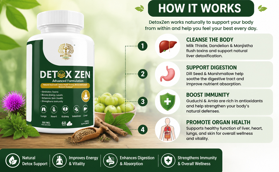 DetoxZen Detox Capsules | Milk Thistle, Amla, Guduchi, Dandelion & Manjistha | Ayurvedic Herbal Detox Supplement | Liver & Digestion Support | 60 Veg Capsules
