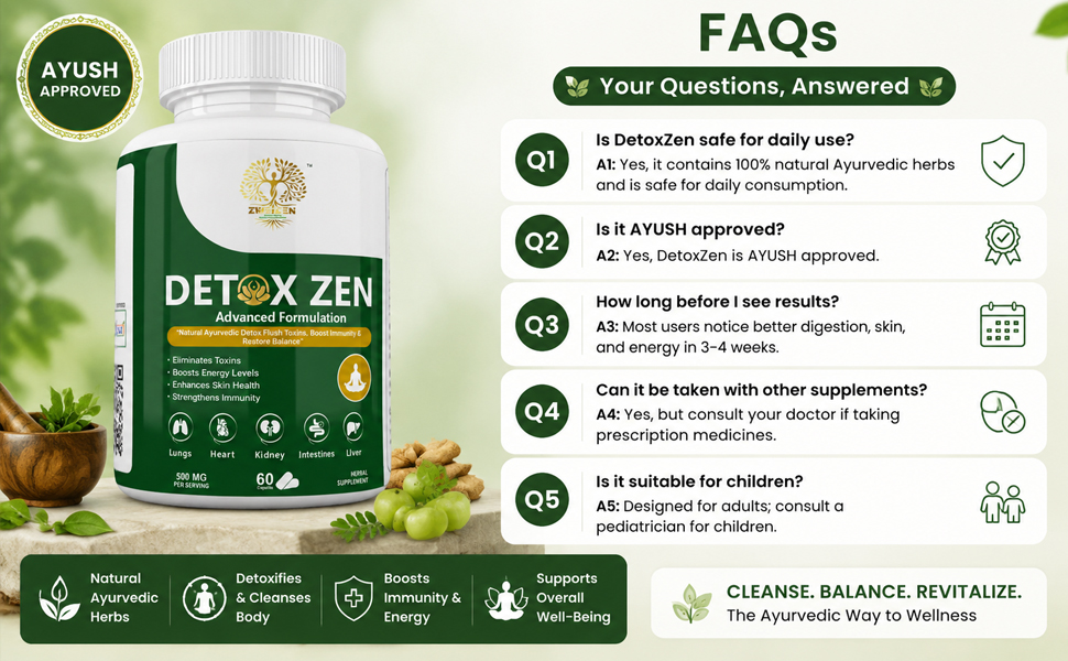 DetoxZen Detox Capsules | Milk Thistle, Amla, Guduchi, Dandelion & Manjistha | Ayurvedic Herbal Detox Supplement | Liver & Digestion Support | 60 Veg Capsules