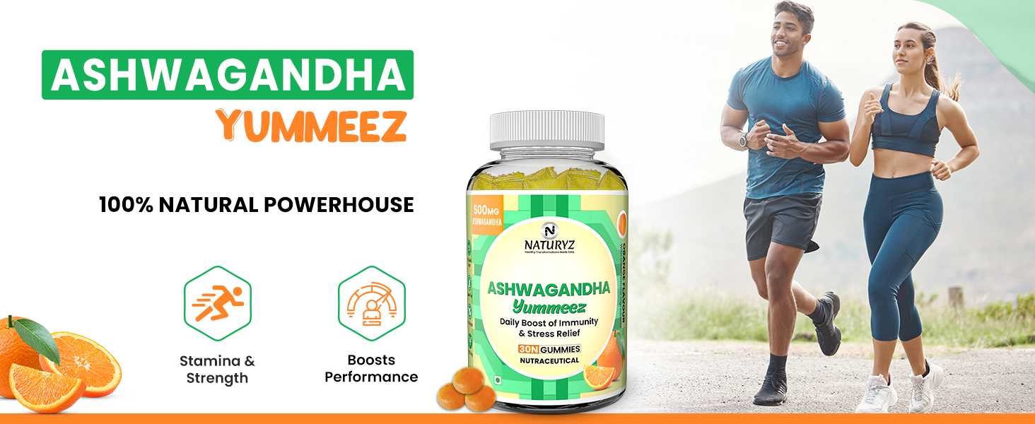 NATURYZ Clinically Researched KSM 66 Ashwagandha 500mg Gummies with Vitamin D3 | Strength, Energy, Immunity, Power & Stamina | Relax, Refresh Mind & Body | No Added Sugar | Gluten-Free, 30 Gummies(Orange Flavour)