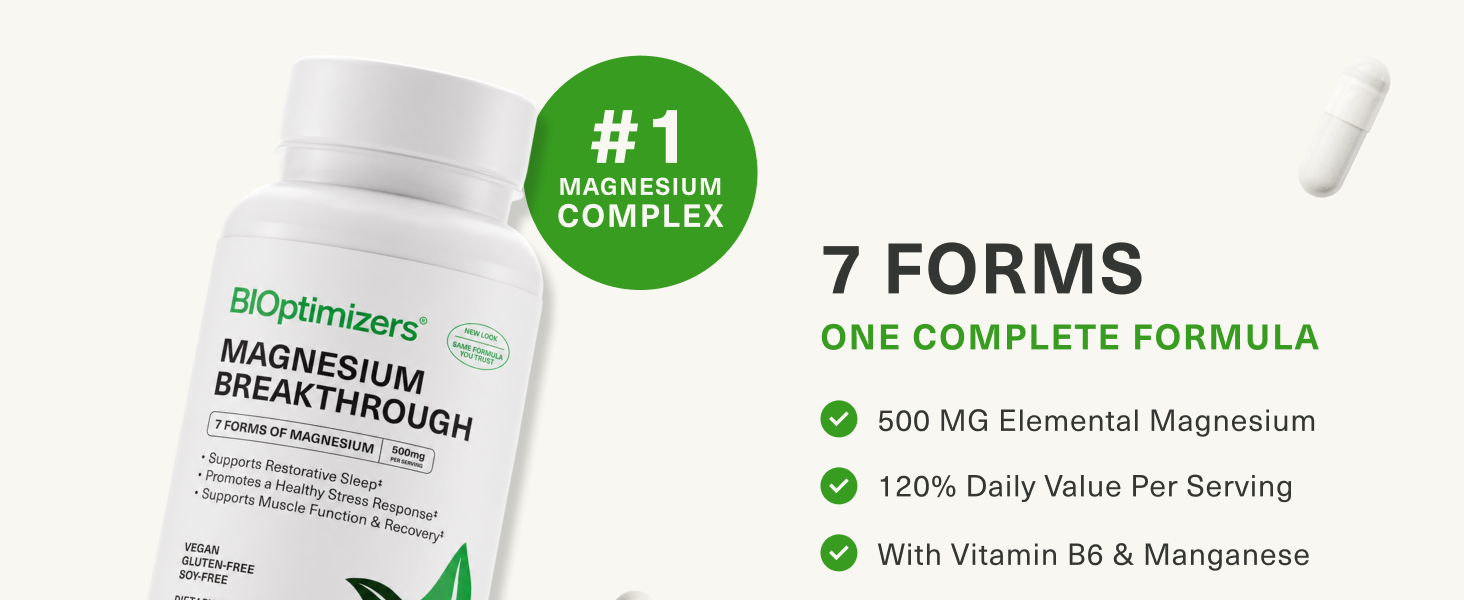 BIOptimizers Magnesium Breakthrough 500mg, 7 Forms of Magnesium 30 Capsules