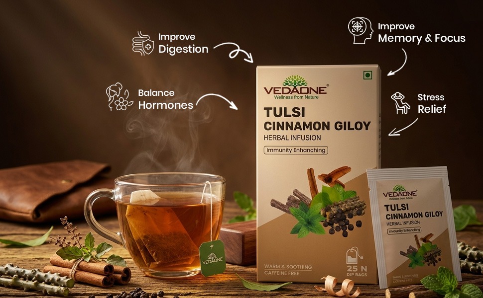 VEDAONE Tulsi Cinnamon Giloy Herbal Infusion (25 Dip Bags)