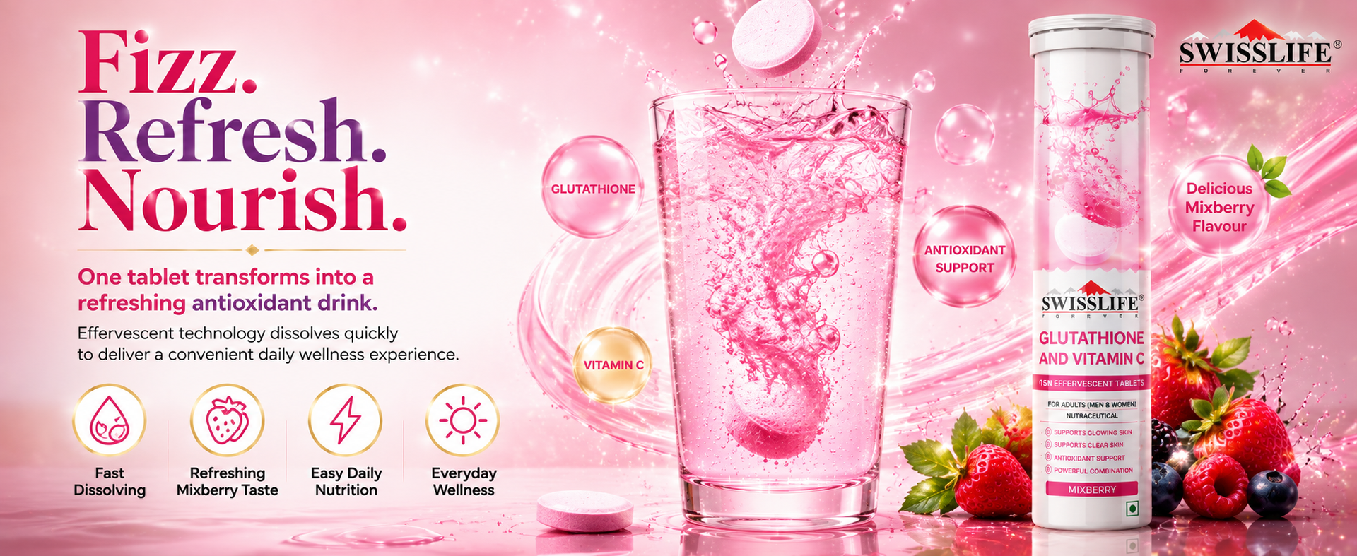 SwissLife Forever Glutathione And Vitamin C (15 Effervescent Tablets) Supports Glowing And Clear Skin | Antioxidant Support, Detoxification, Pigmentation and Tan Removal for Men And Women