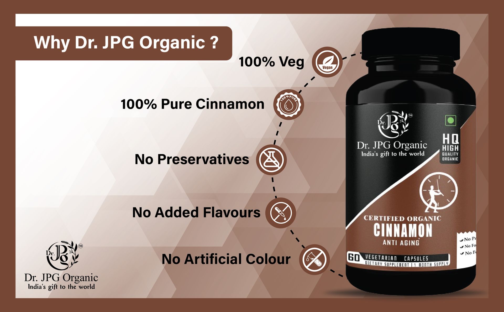 Dr. JPG Organic Cinnamon Capsules 60 Veg. Capsules/INDIA ORGANIC Certified (Pack Of 2)