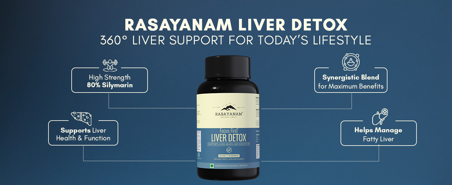 Rasayanam Liver Detox Supplement 1000mg | Milk Thistle and NAC | 80% Silymarin | Added herbs like Kutki, Kalmegh, Turmeric, Dandelion, Zinc & more | Supports Detox, Digestion, Energy & Daily Liver Wellness - 60 Tablets each (Pack of 2)
