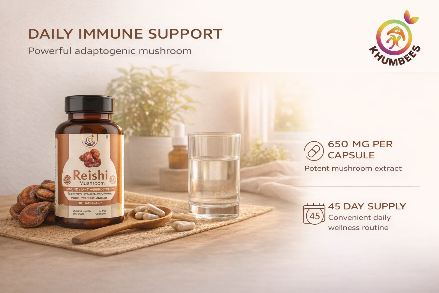 KHUMBEESS SUPERFOODS Reishi Mushroom Extract (650mg, 90 Veg Capsules) | High Potency Stress Relief & Sleep Support | Immune Booster, Heart & Liver Health | Natural Adaptogen & Anti-Inflammatory