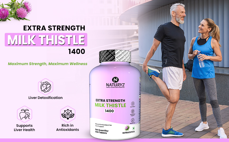 NATURYZ Extra Strength Milk Thistle 1400mg Fatty Liver detox supplement | Supports Liver Health & Natural Detox | Standardized for Silymarin | Maintain Liver Function & Antioxidant Balance | 60 Veg Tablets