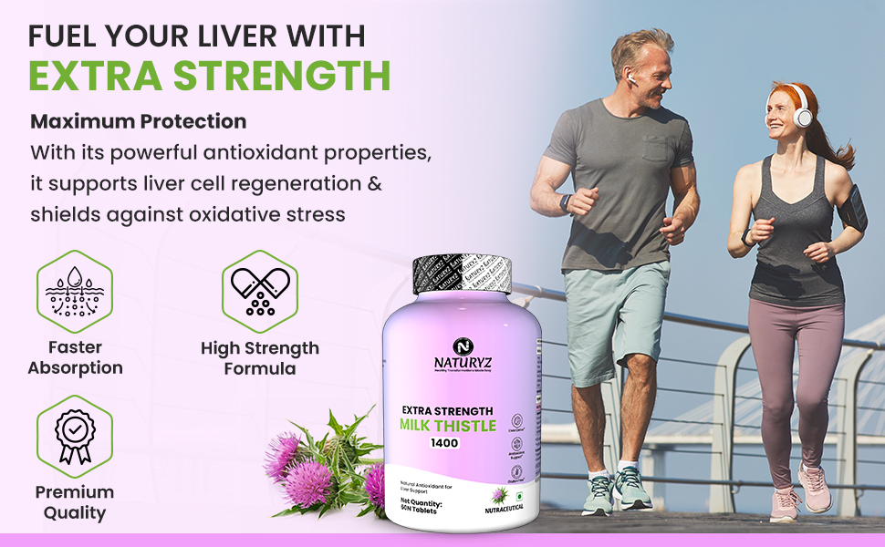 NATURYZ Extra Strength Milk Thistle 1400mg Fatty Liver detox supplement | Supports Liver Health & Natural Detox | Standardized for Silymarin | Maintain Liver Function & Antioxidant Balance | 60 Veg Tablets