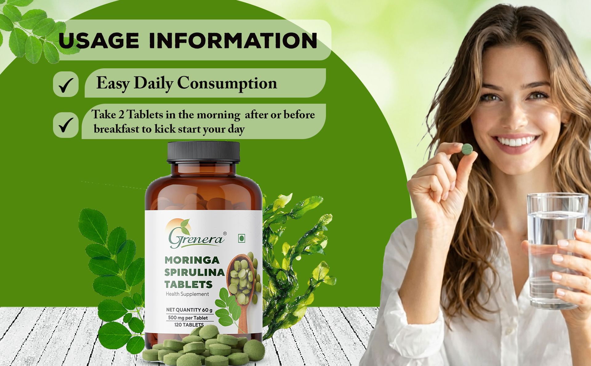 Grenera Moringa Spirulina Tablet-120 Tablets | Made with Pure Moringa and Spirulina Powder | Natural super food | Non-GMO, Gluten free